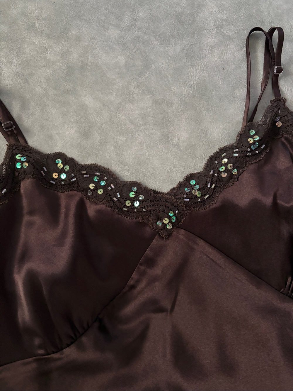 Y2K Chocolate Brown Satin Lace Sequin Beaded Girly Camisole - Picture 11 of 12